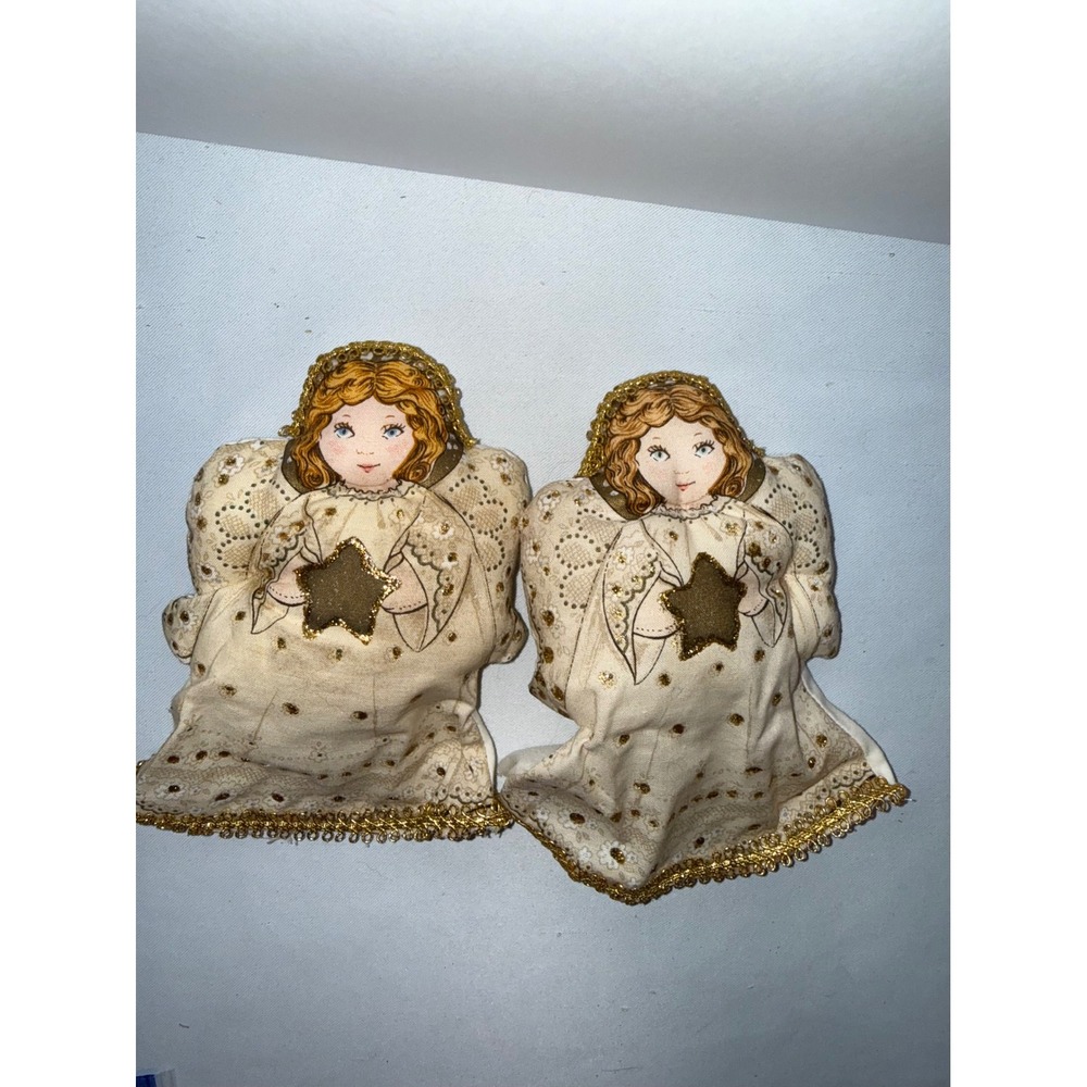 2 Vintage Handmade Fabric Angel Ornaments Gold Star Eyelet Lace Christmas Decor